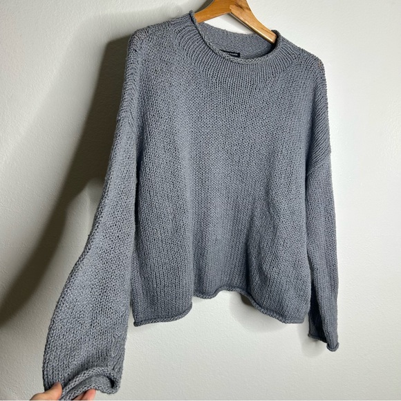 Eileen Fisher 100% Organic Cotton Thick Textured Knit Mock Neck Blue Sweater - Picture 8 of 16